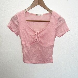 Heart Hips Pink Fitted Waist Length Lace Floral Short Sleeve Top